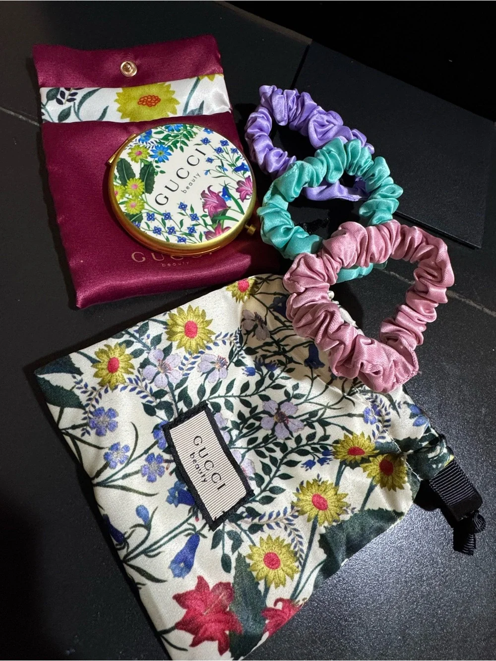 GUCCI Floral Compact Mirror & Silk Scrunchie Set - Pink, Purple, Teal GWP